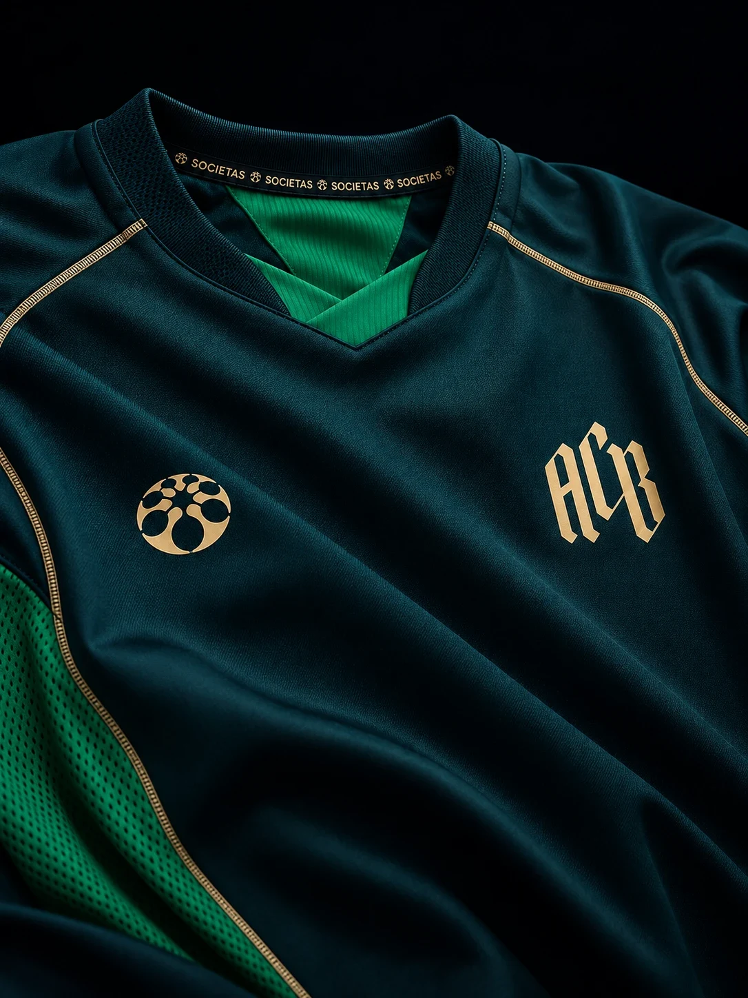 Il collo a V con la fettuccia Societas e il monogramma in oro